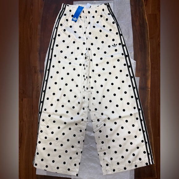 NWT Adidas Off White Wide Leg Polka Dot Track Pants - Picture 4 of 7